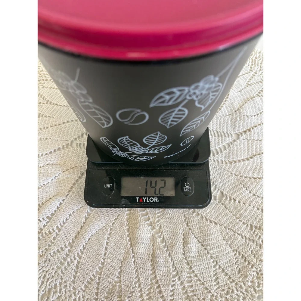 Tupperware MCM Coffee Canister Set Black Magenta Pink Mugs Spoons 5 Piece Set